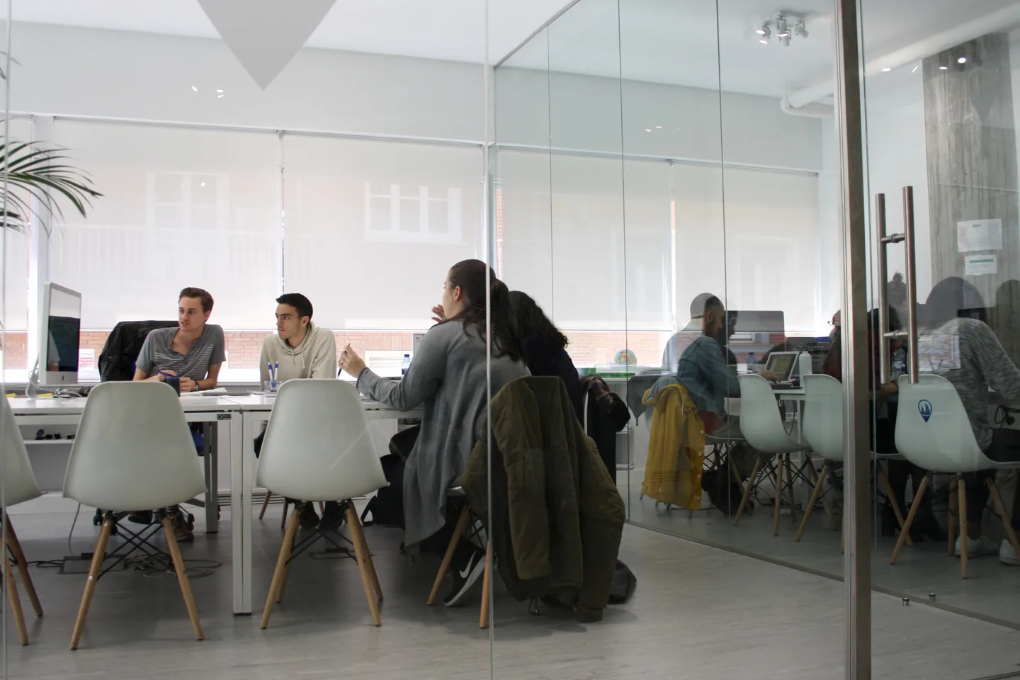 Students in the glass-walled classrooms at Exam Madrid Academy in Madrid