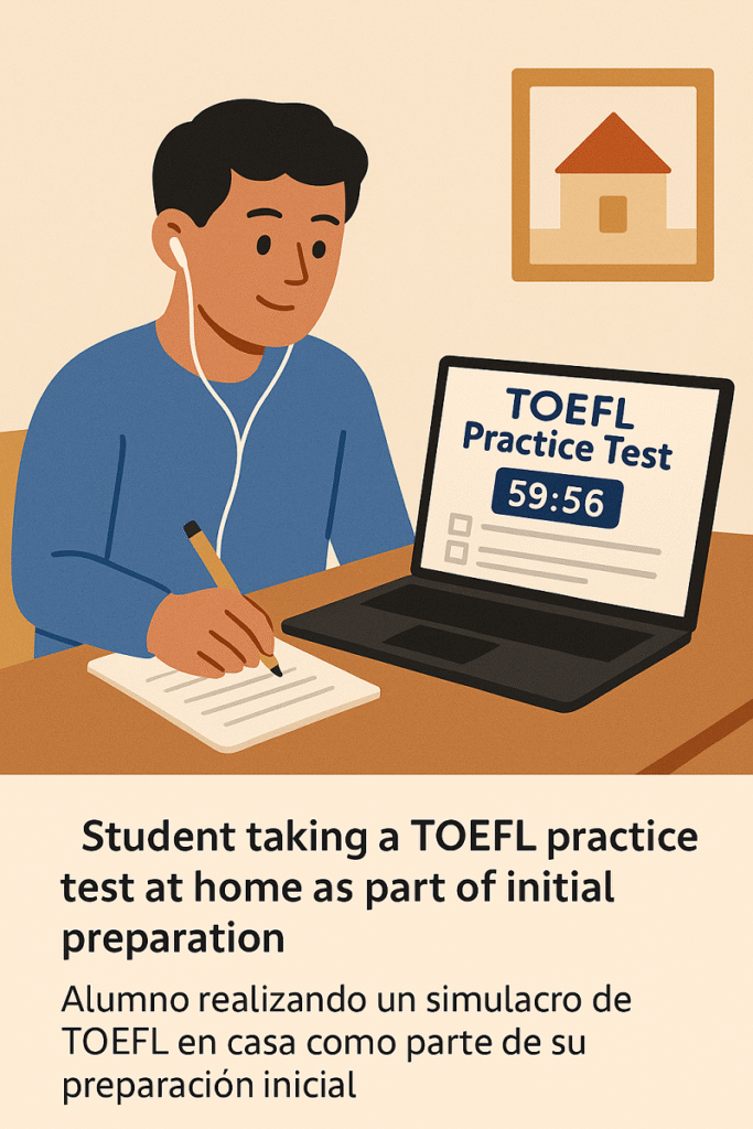 Alumno realizando un simulacro de TOEFL en casa como parte de su preparación inicial