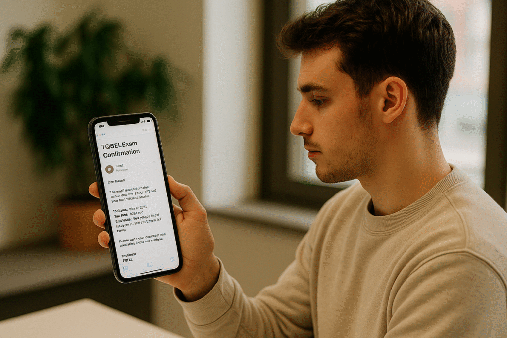 Alumno verificando la fecha y detalles de su examen TOEFL en el email de confirmación