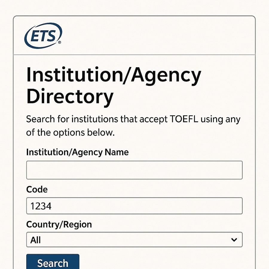 Búsqueda del código de envío en el directorio oficial de instituciones que aceptan TOEFL