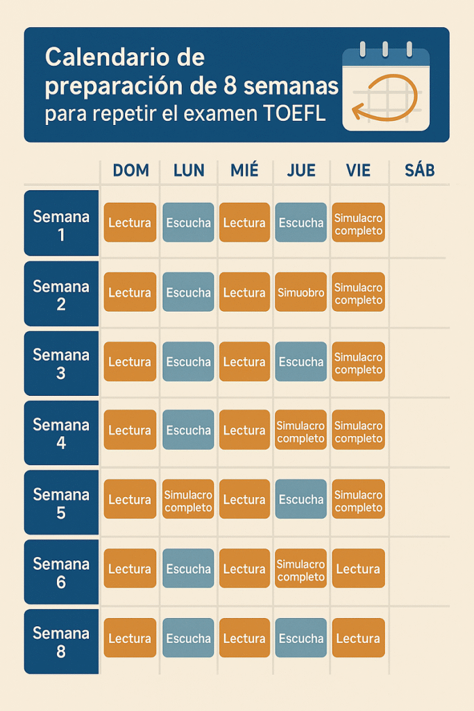 Calendario de preparación de 8 semanas para repetir el examen TOEFL