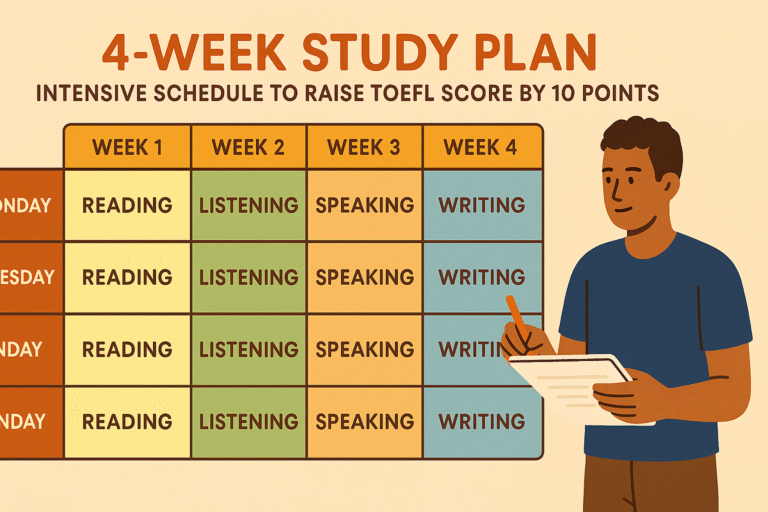 Calendario intensivo de 4 semanas para subir 10 puntos en TOEFL