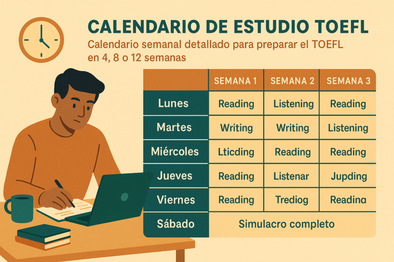 Calendario semanal detallado para preparar el TOEFL en 4, 8 o 12 semanas