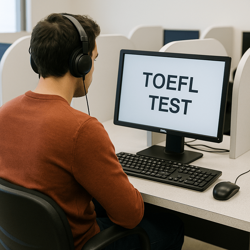 Candidato realizando el examen TOEFL en un centro autorizado