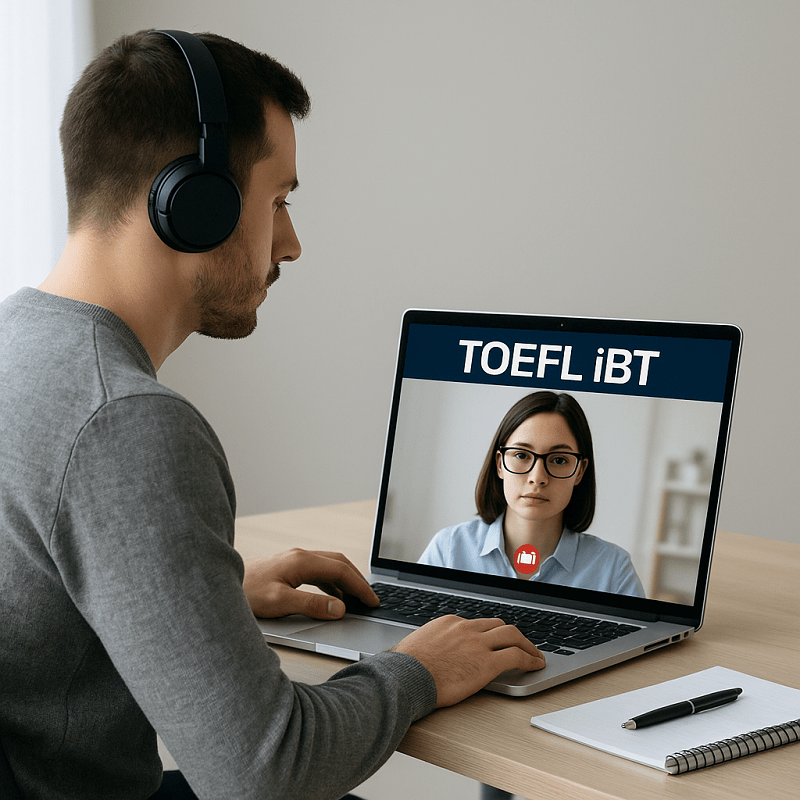 Candidato realizando el examen TOEFL iBT en un centro autorizado
