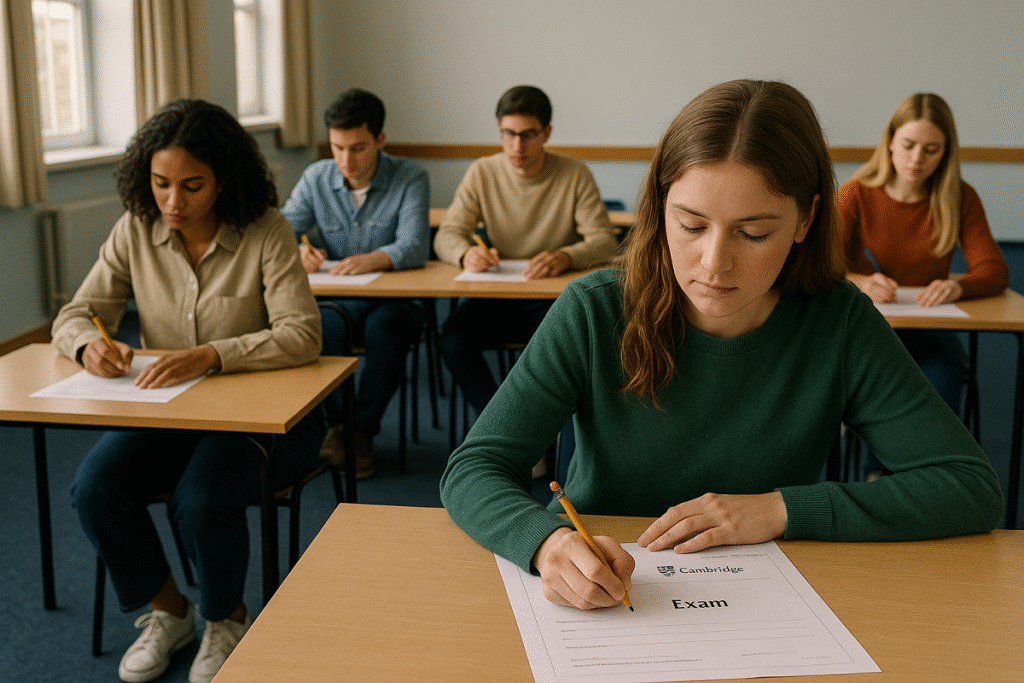 Candidatos presentando un examen Cambridge en papel en una sala oficial