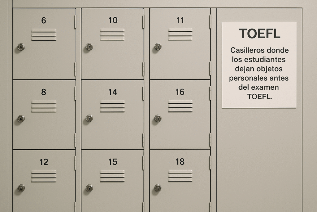 Casilleros donde los estudiantes dejan objetos personales antes del examen TOEFL