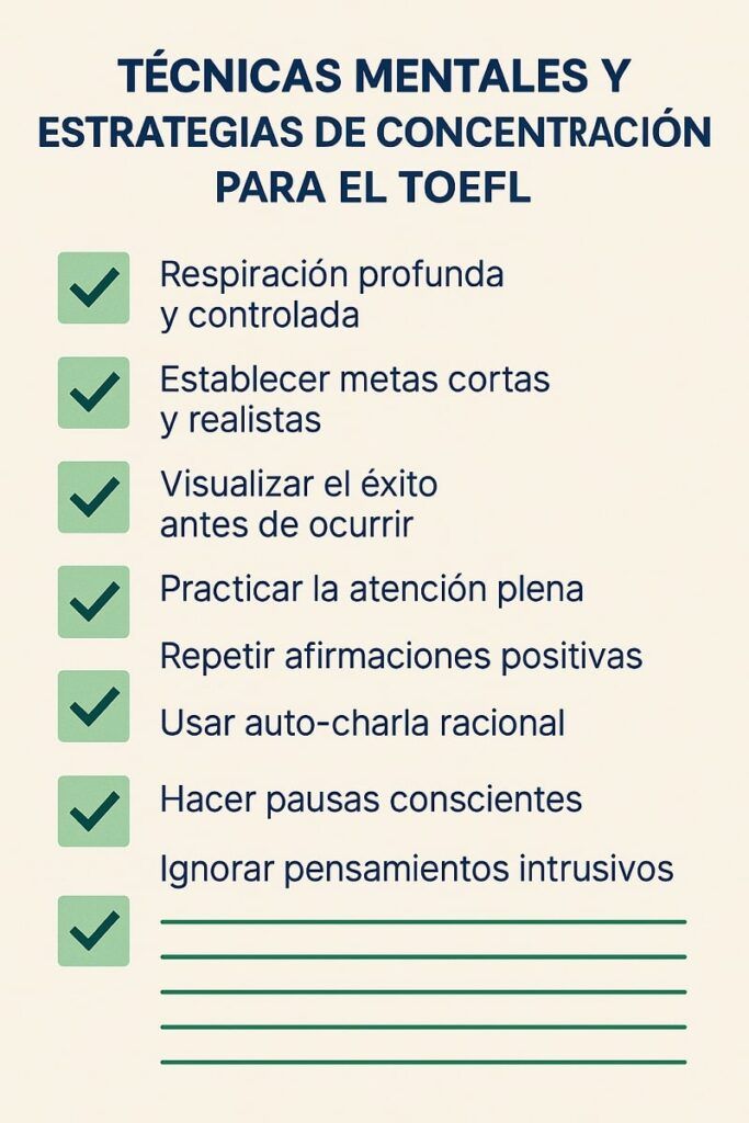 Checklist de técnicas mentales y estrategias de concentración para el TOEFL