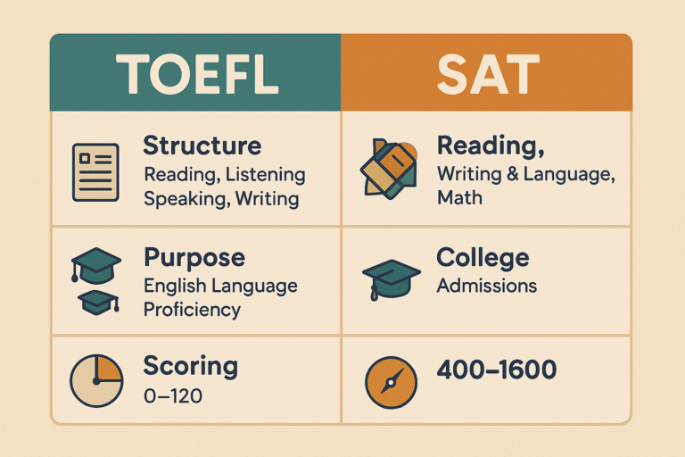 Comparación de estructura, objetivos y puntuación entre TOEFL y SAT