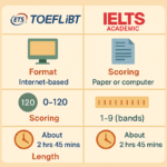 Comparativa de formato, puntuación y duración entre TOEFL iBT e IELTS Academic