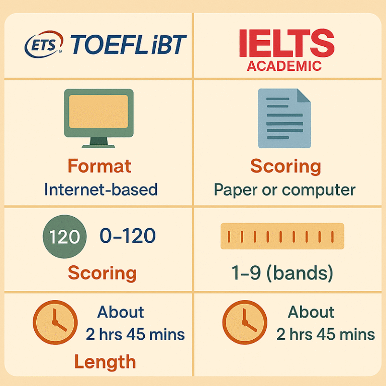 Comparativa de formato, puntuación y duración entre TOEFL iBT e IELTS Academic