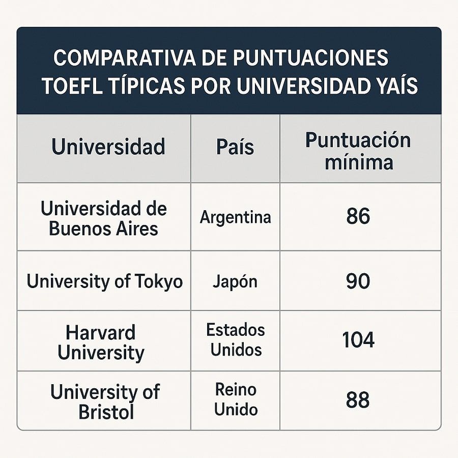 Comparativa de puntuaciones TOEFL típicas por universidad y país.