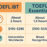 Comparativa detallada entre TOEFL iBT y TOEFL Essentials en duración, precio y reconocimiento