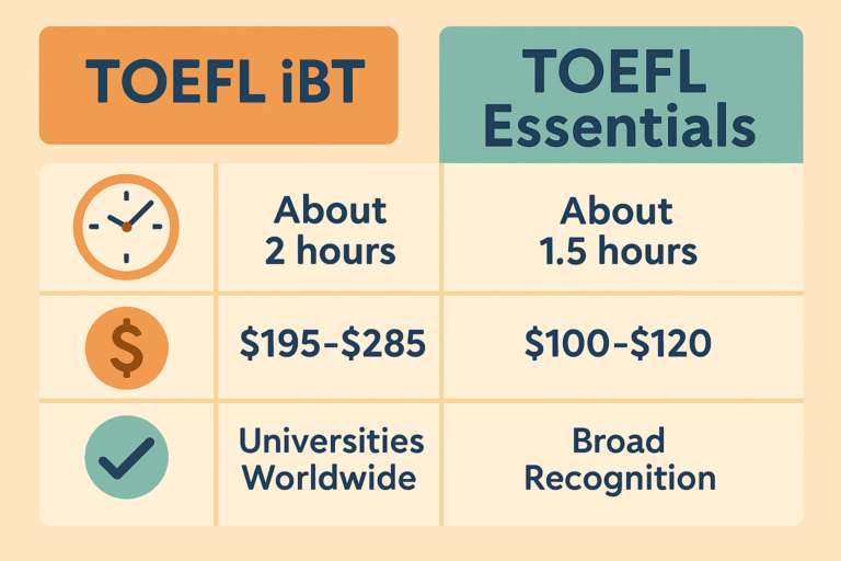 Comparativa detallada entre TOEFL iBT y TOEFL Essentials en duración, precio y reconocimiento
