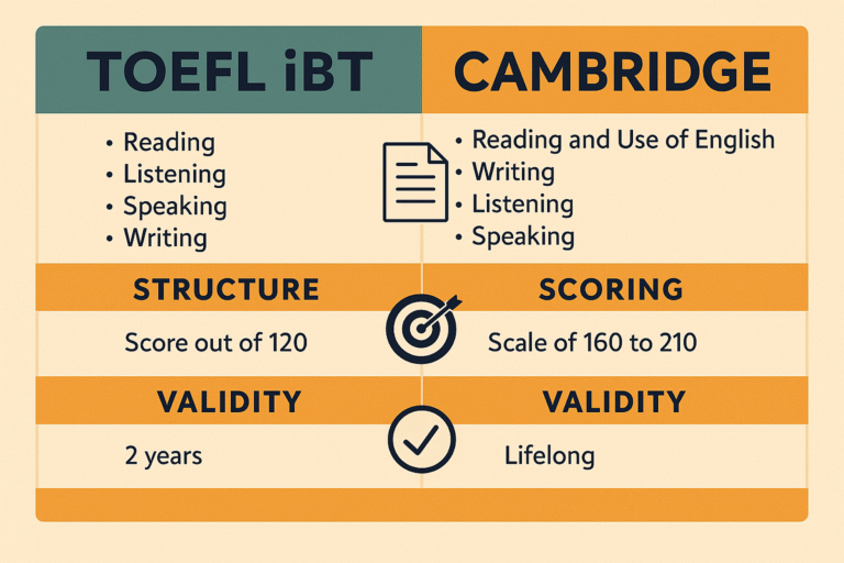 Comparativa detallada entre TOEFL iBT y exámenes Cambridge en estructura, puntuación y validez