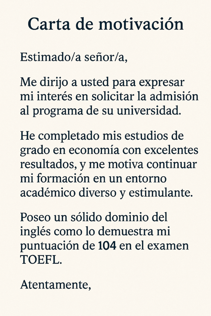 Ejemplo de carta de motivación donde se menciona la puntuación TOEFL