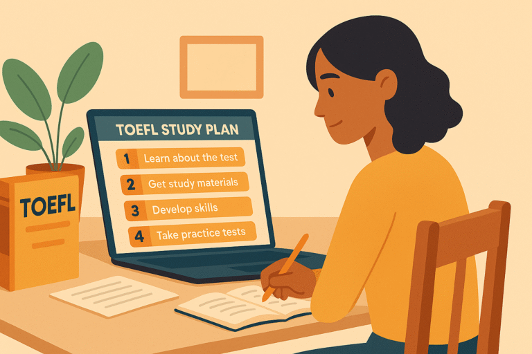 Estudiante siguiendo un plan de estudio paso a paso para preparar el TOEFL desde cero