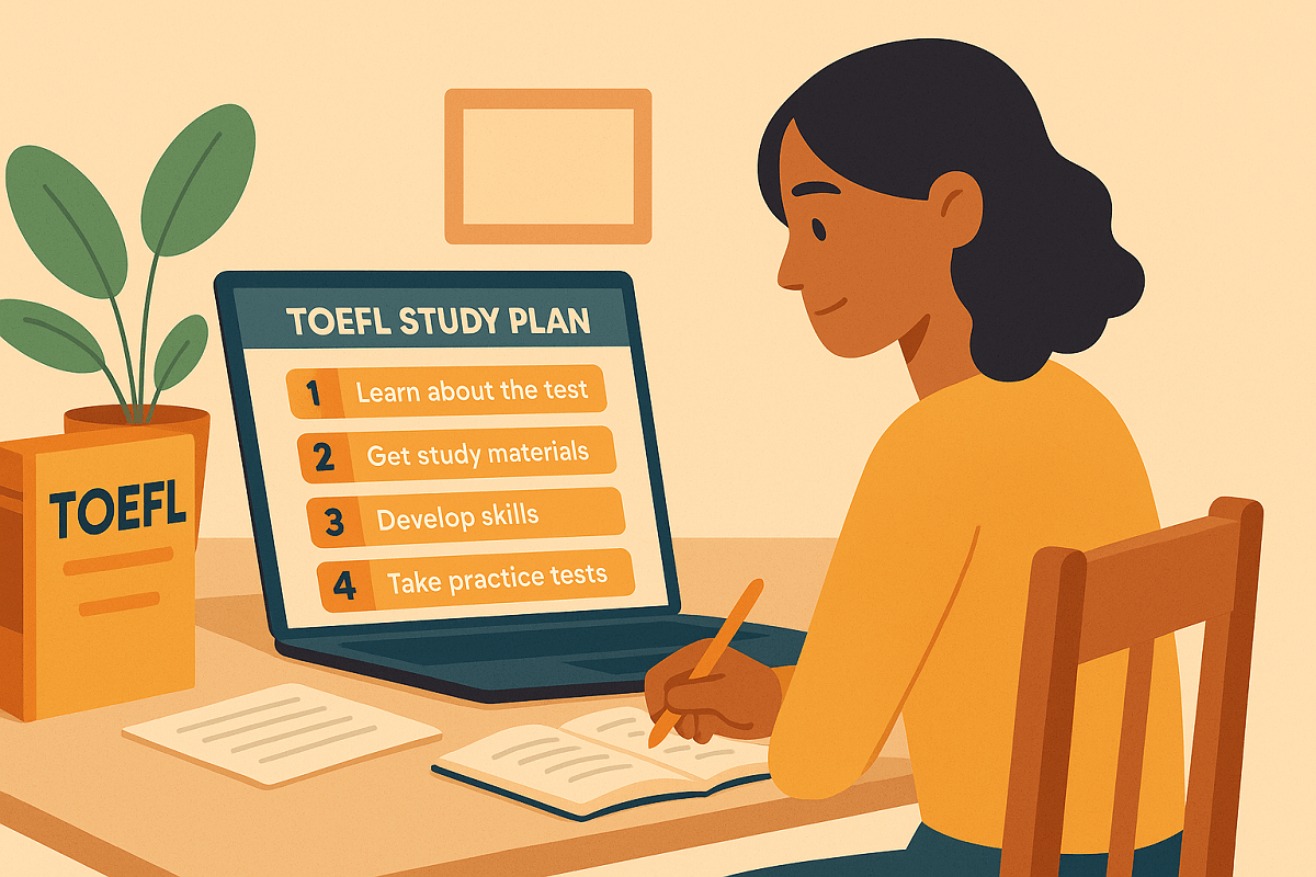 Estudiante siguiendo un plan de estudio paso a paso para preparar el TOEFL desde cero