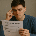 Estudiante analizando su informe TOEFL tras no alcanzar su puntuación objetivo
