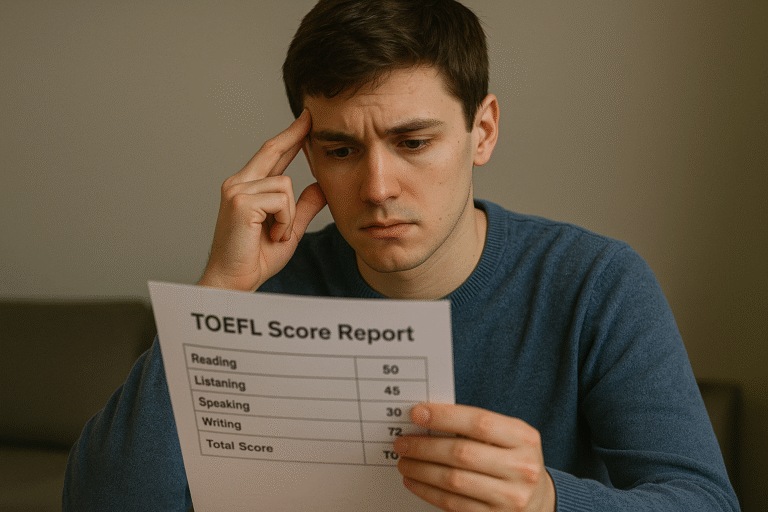 Estudiante analizando su informe TOEFL tras no alcanzar su puntuación objetivo