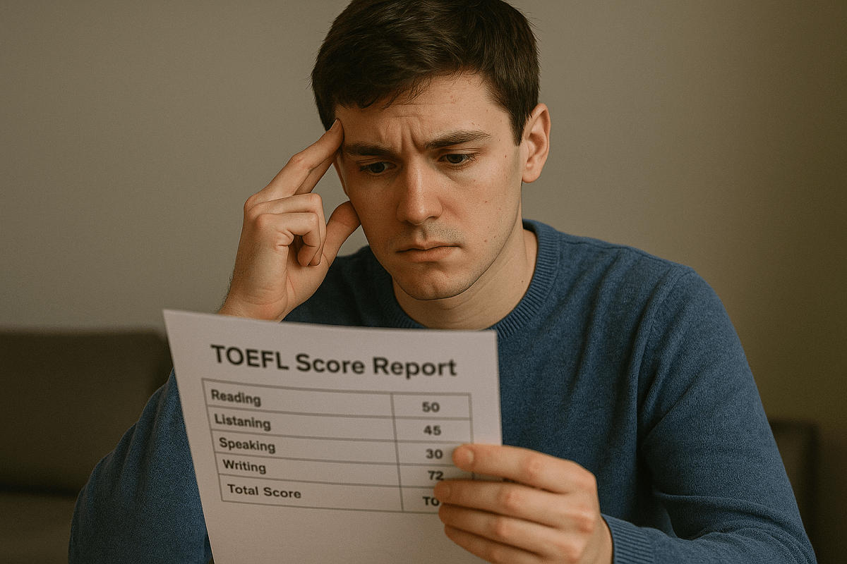 Estudiante analizando su informe TOEFL tras no alcanzar su puntuación objetivo