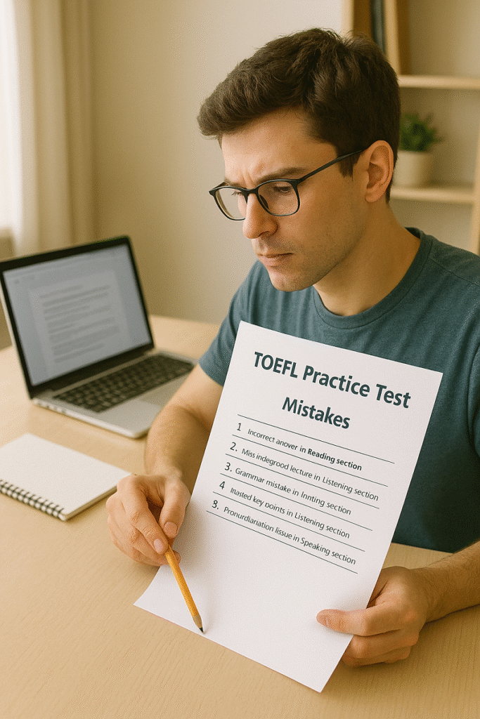 Estudiante analizando sus errores en un simulacro de TOEFL