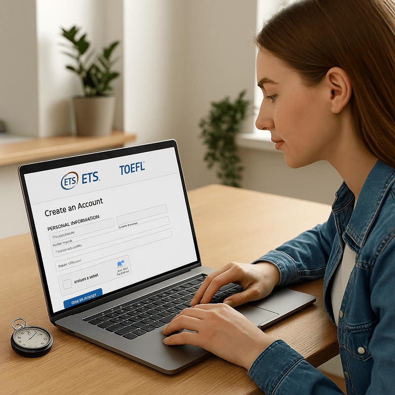 Estudiante completando su registro en ETS para el examen TOEFL