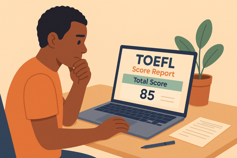 Estudiante consultando sus resultados del examen TOEFL online