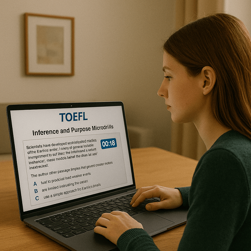 Estudiante entrenando preguntas de inferencia y propósito del TOEFL con ejercicios cronometrados