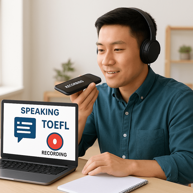 Estudiante grabando su respuesta de Speaking TOEFL y recibiendo feedback