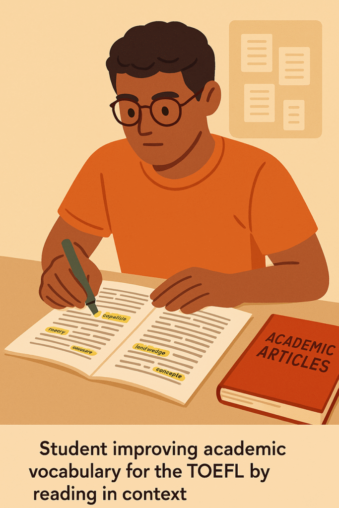 Estudiante mejorando su vocabulario académico para el TOEFL leyendo en contexto