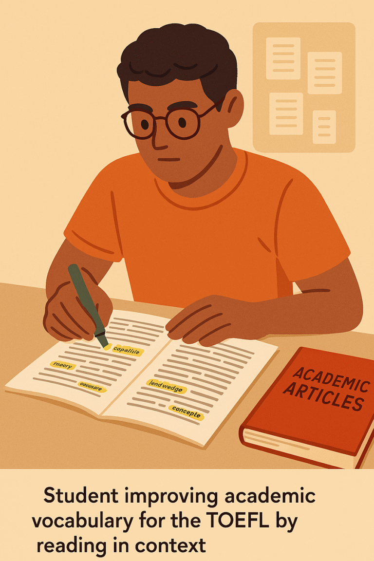 Estudiante mejorando su vocabulario académico para el TOEFL leyendo en contexto