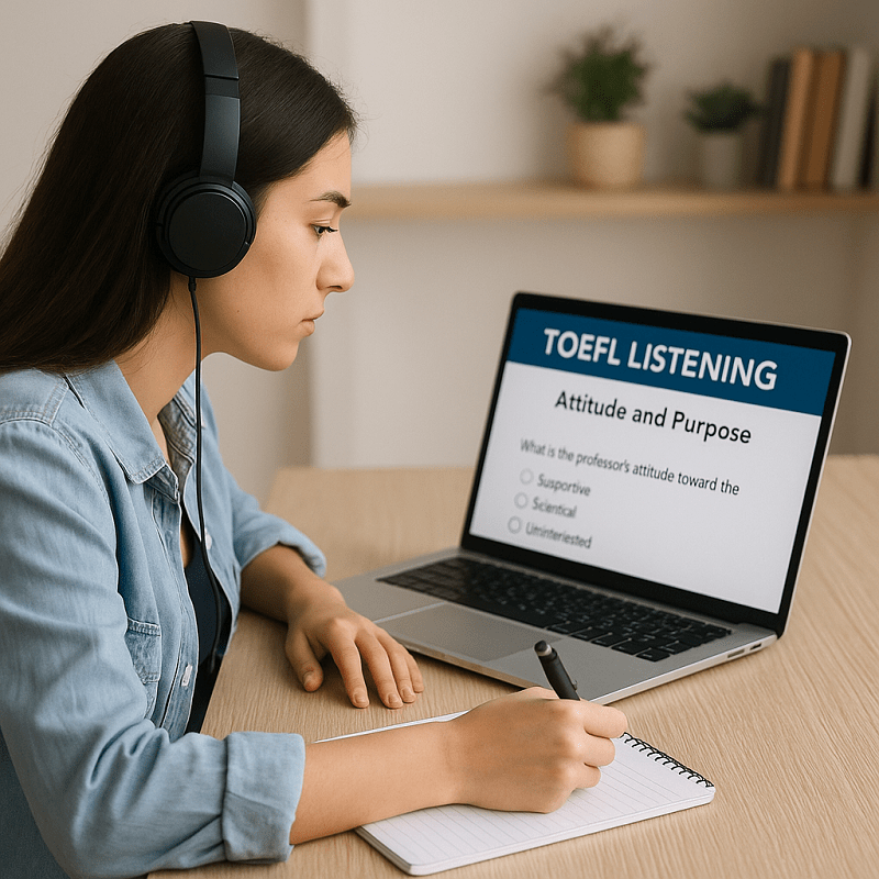 Estudiante practicando Listening del TOEFL con ejercicios de actitud e intención