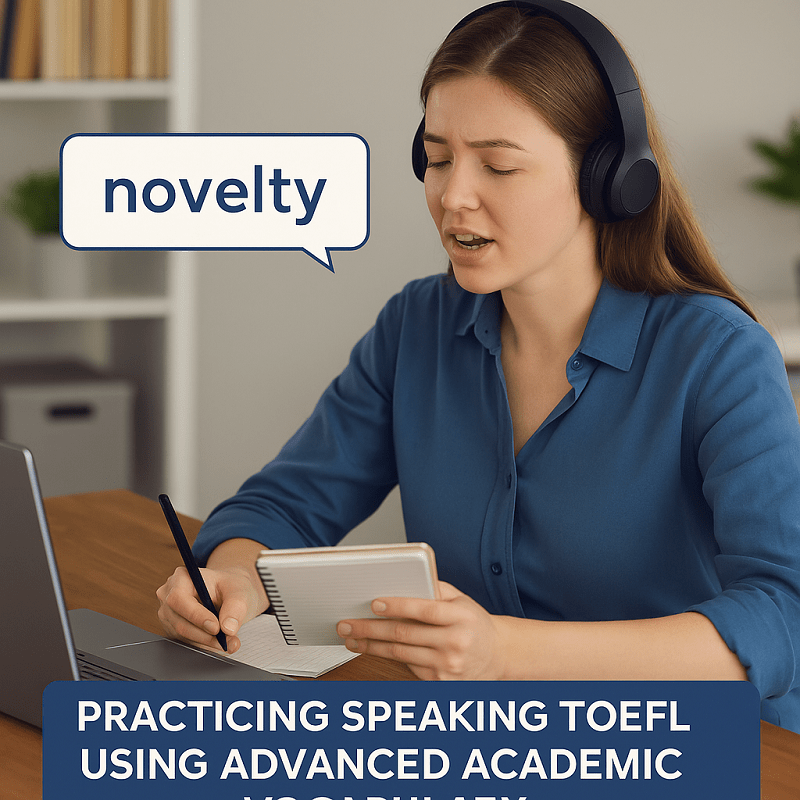 Estudiante practicando Speaking TOEFL usando vocabulario académico avanzado