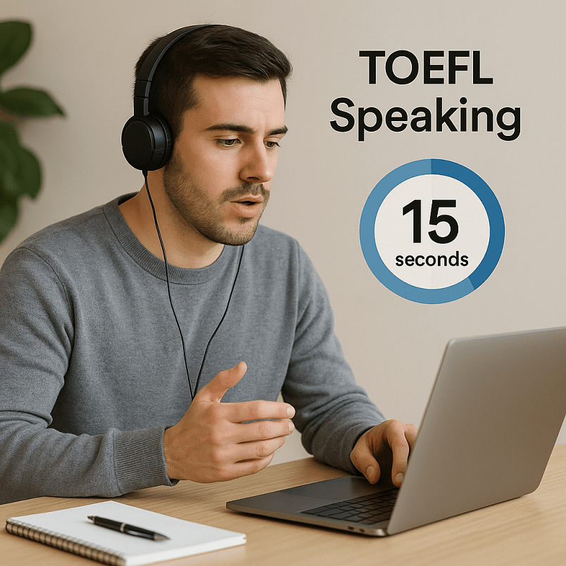 Estudiante practicando tareas de Speaking TOEFL con límite de 15 segundos de preparación