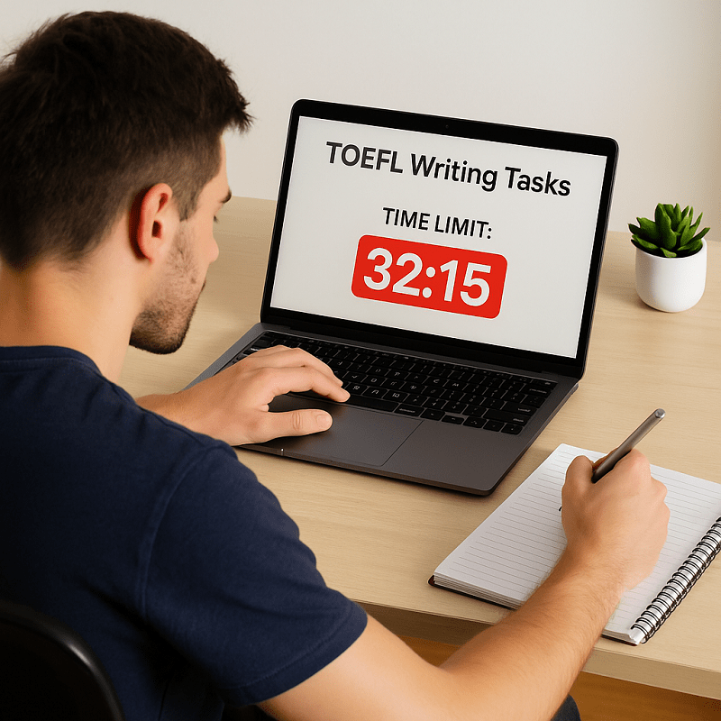 Estudiante practicando tareas de Writing TOEFL con límite de tiempo