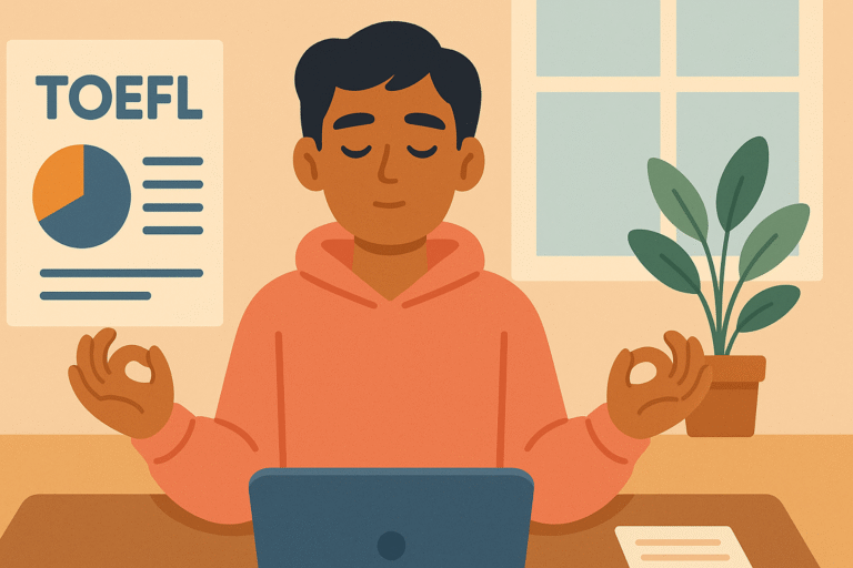 Estudiante practicando técnicas mentales para mejorar el rendimiento en el TOEFL