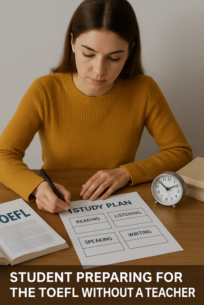 Estudiante preparando el TOEFL sin profesor con plan de estudio estructurado