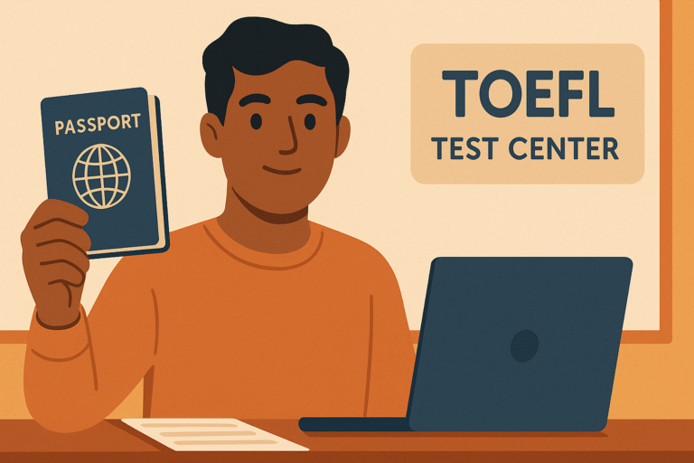 Estudiante presentando su pasaporte para acceder al examen TOEFL en un centro oficial