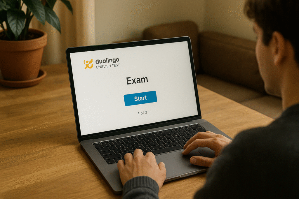 Estudiante realizando el Duolingo English Test desde casa.” create animage