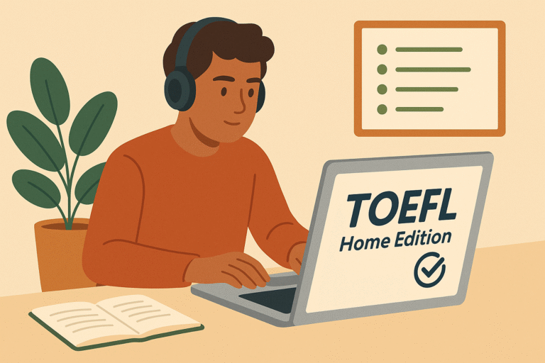 Estudiante realizando el TOEFL Home Edition desde su ordenador en casa