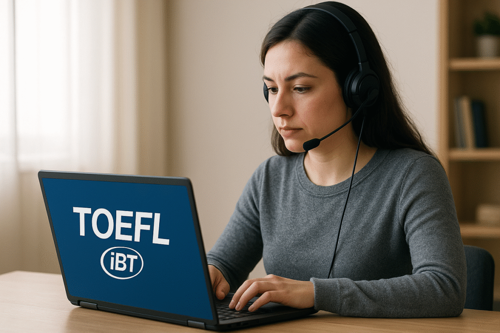 Estudiante realizando el examen TOEFL iBT en un centro oficial
