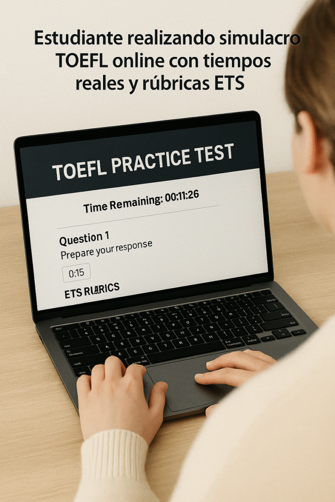 Estudiante realizando simulacro TOEFL online con tiempos reales y rúbricas ETS