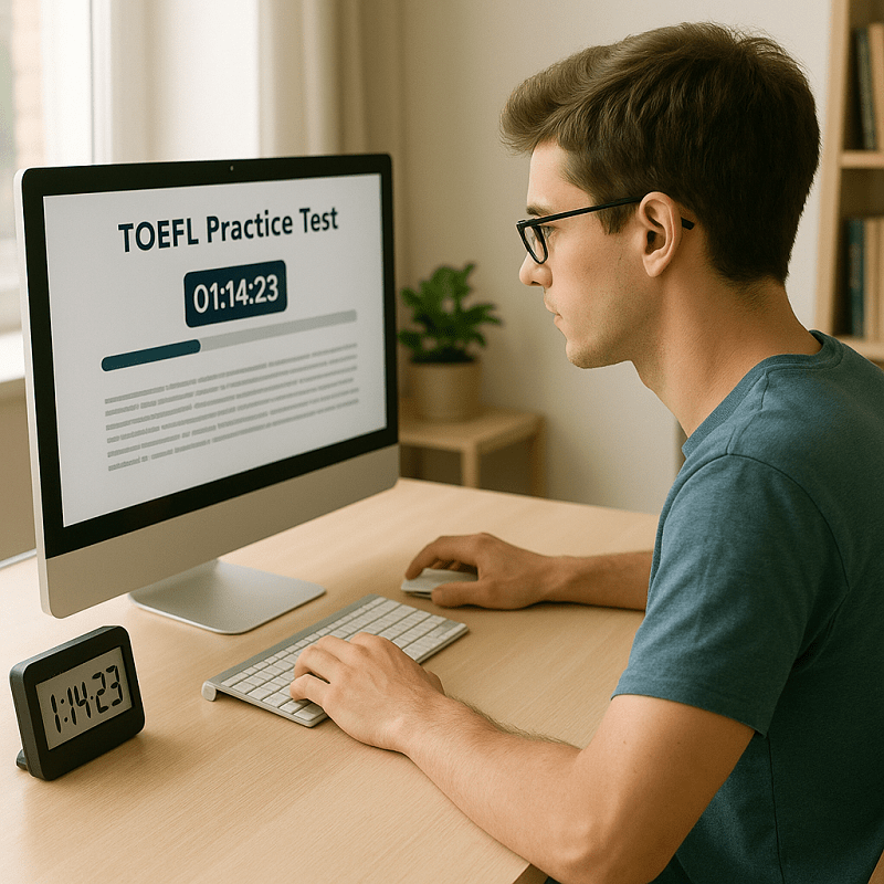 Estudiante realizando un simulacro completo de TOEFL en tiempo real