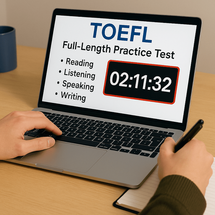 Estudiante realizando un simulacro completo de TOEFL para estimar su puntuación