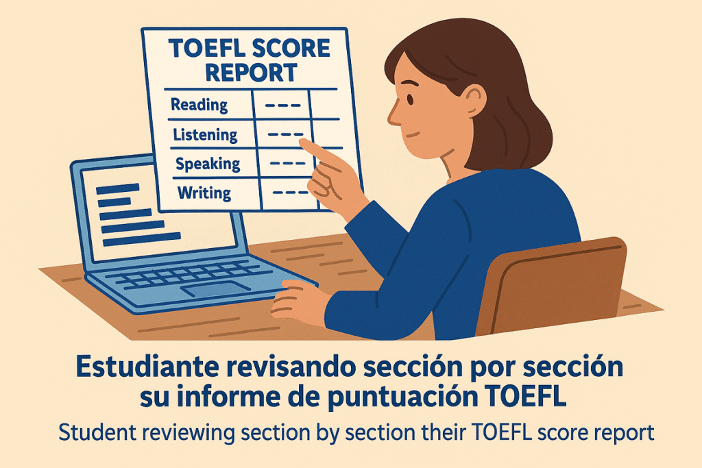 Estudiante revisando sección por sección su informe de puntuación TOEFL