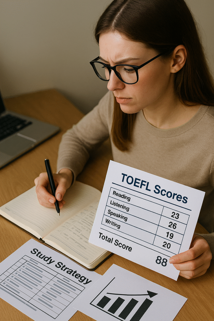 Estudiante revisando su puntuación TOEFL y ajustando su estrategia de estudio