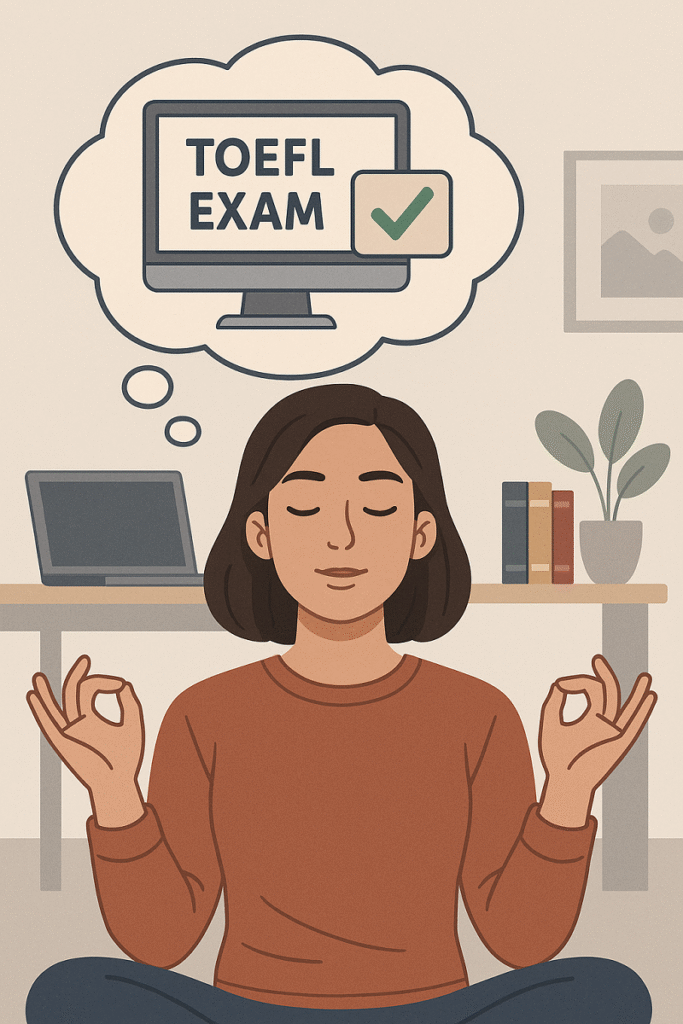 Estudiante usando visualización mental para preparar el examen TOEFL