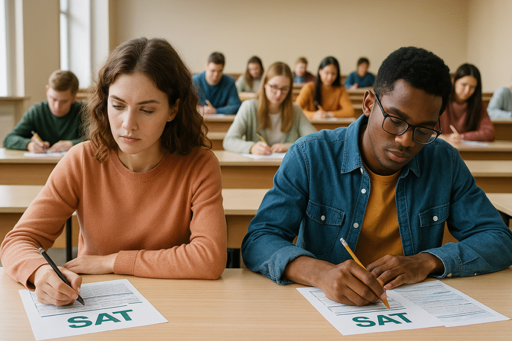 Estudiantes realizando el examen SAT en un aula oficial