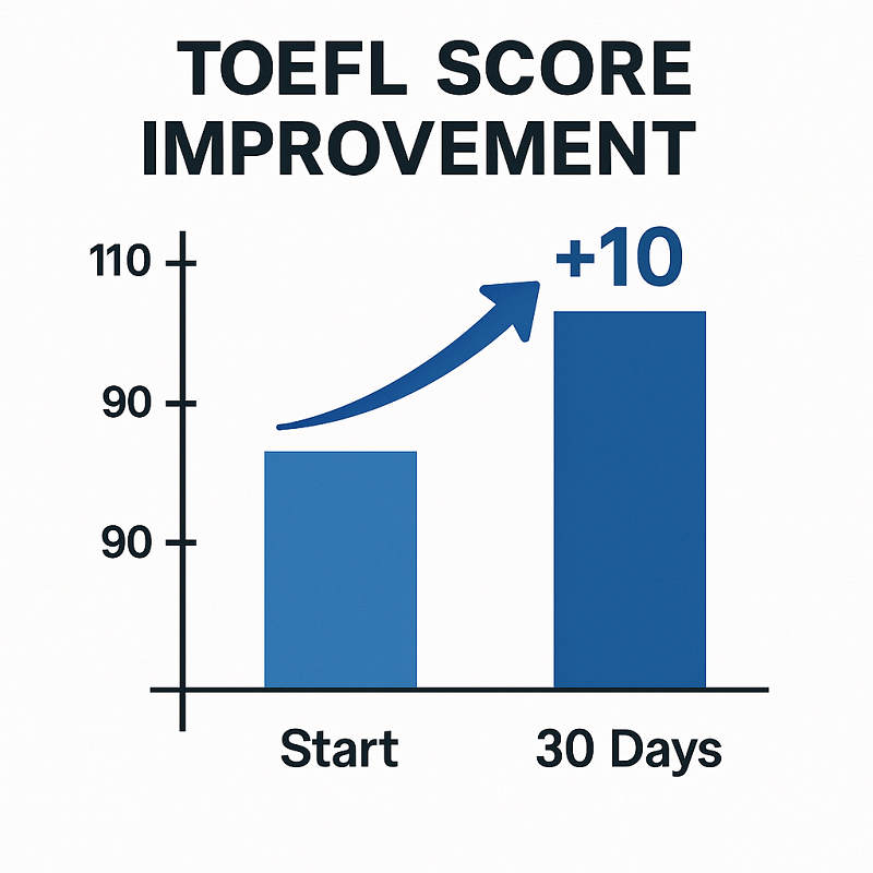 Gráfico de evolución de puntuación TOEFL mostrando +10 puntos en 30 días.